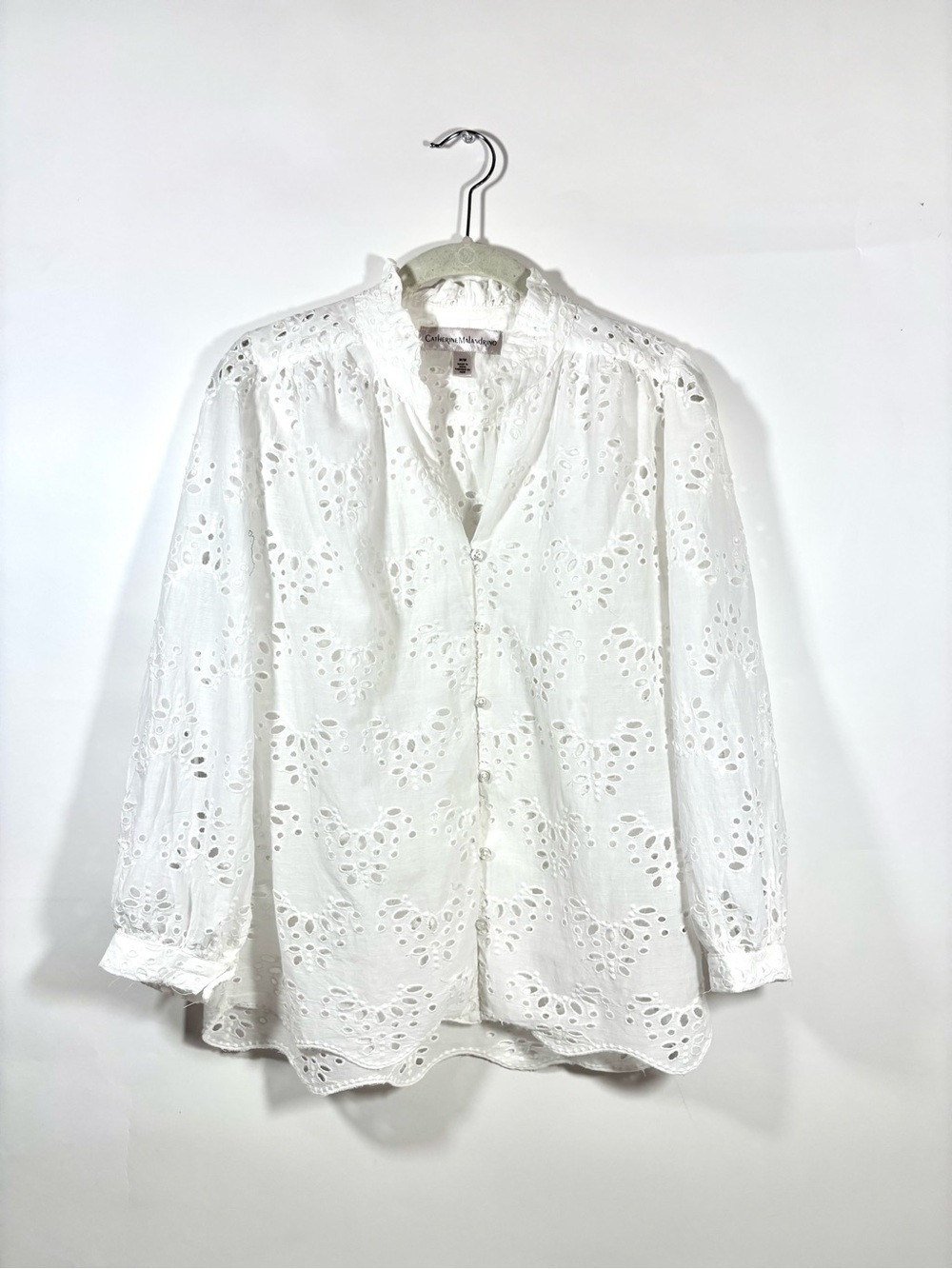 Catherine Malandrino White Eyelet Ruffled Button-Up Blouse - Size Medium